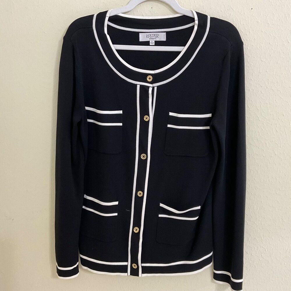 Kasper  Ponte Knit Cardigan Sweater women’s Sz L Career, contrasting trim